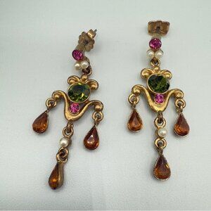 Avon Vintage Bronzy Gold and Green Floral Dangle Earrings